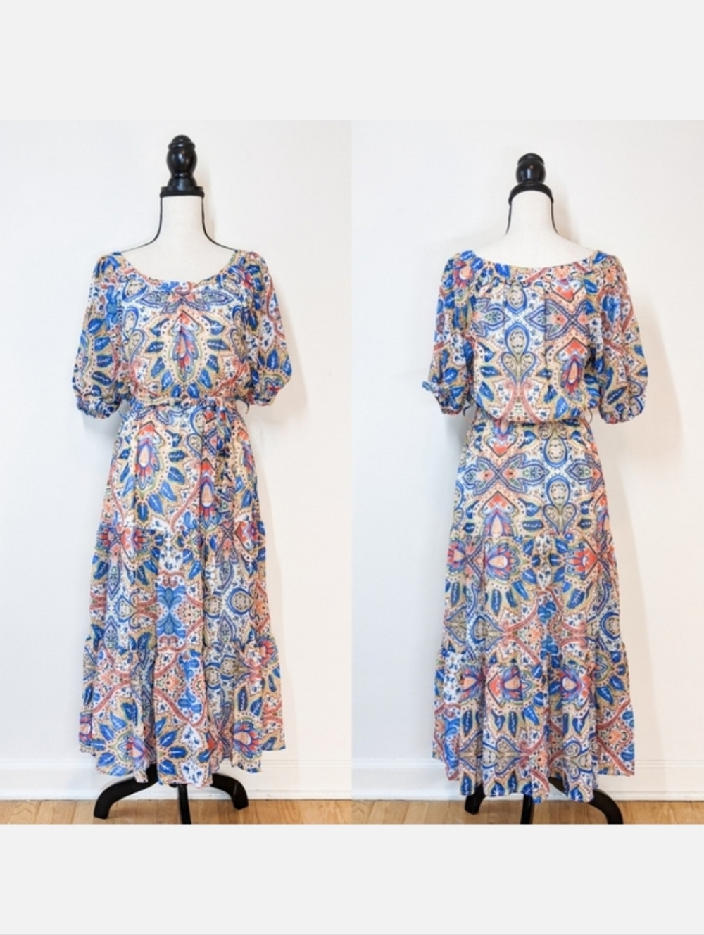 NWT Flying Tomato Patterned Peasant Midi Dress, Size Medium